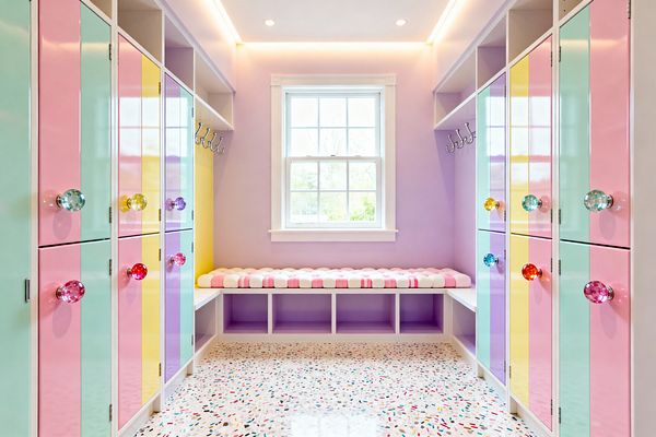 A brightly lit mudroom with lavender walls features a window above a built-in bench with a tufted pink-and-white striped cushion and open cubbies. On both sides, glossy lockers with vertical pastel stripes in pink, mint, lilac, and butter yellow have oversized faceted knobs and chrome hooks. A white-trimmed ceiling with recessed lights and perimeter LED cove lighting brightens a white terrazzo floor speckled with multicolored chips.