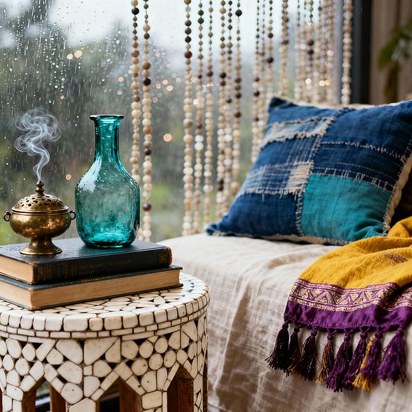 Close-up of a cozy bohemian window-seat vignette on a rainy day. A white bone-inlay round side table holds two stacked vintage books, a smoking brass incense burner, and an aqua handblown glass vase; beside it a bench draped in natural linen supports an indigo patchwork pillow and a mustard throw with purple tasseled edge, with a strand curtain of wooden beads and raindrop-streaked glass softly diffusing outdoor light.