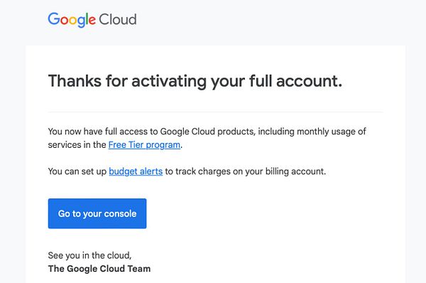 The image displays a confirmation message from Google Cloud regarding account activation.