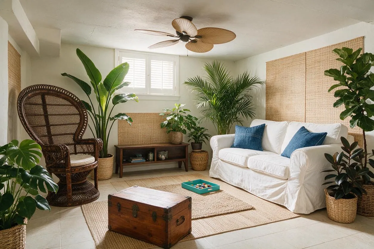 A tropical-style game room with a white slipcovered sofa, blue pillows, a rattan peacock chair, woven wall panels, and many lush potted plants. A wooden chest sits on a jute rug in the foreground, and a small game tray rests near the sofa under a ceiling fan with leaf-shaped blades.