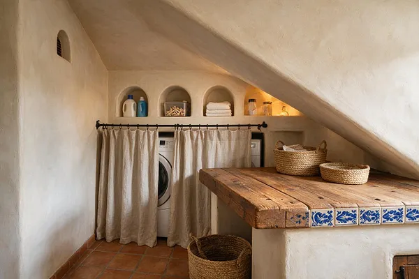 A small Mediterranean-style laundry room tucked under a sloped ceiling, with plaster walls, terracotta tile flooring, and built-in arched niches holding detergent, towels, and jars. A concealed washer sits behind a linen curtain beneath a rough wood countertop edged with blue-and-white patterned tiles, while woven baskets add texture and warmth.
