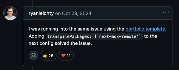 A comment from a user discussing a solution for a rendering issue in a blog component after upgrading to Next.js 15.