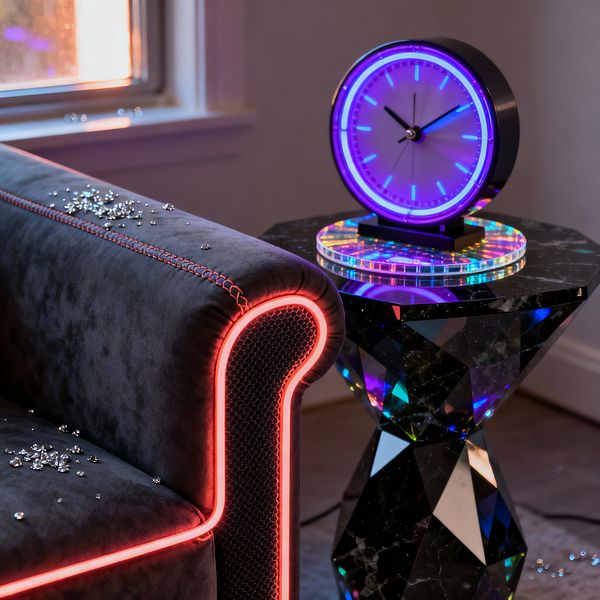 Close-up of a cyberpunk living room corner with a charcoal velvet sofa outlined in red LED piping and red contrast stitching, scattered with small crystal-like accents. A faceted black marble side table reflects multicolored light. On it sits a round analog clock with a glowing blue and purple ring on an iridescent acrylic base. Neutral walls and daylight from a window temper the neon glow, creating a moody futuristic atmosphere.