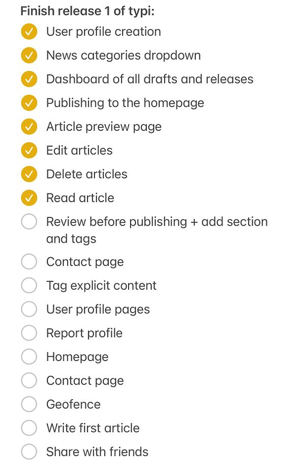 A checklist for completing the first release of a project named 'typi'.