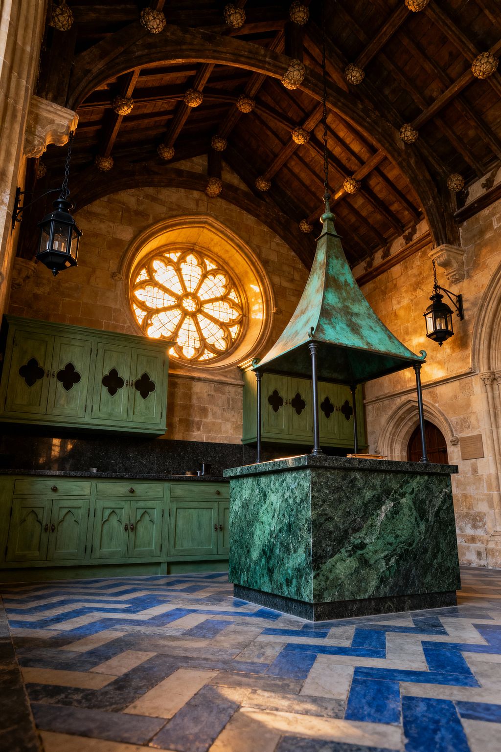 A Gothic-inspired kitchen set in a vaulted stone hall with a large circular rose window casting amber light. The space features sage green cabinets with quatrefoil cut-outs, dark granite countertops, and a central island clad in deep green marble topped by a tented verdigris copper canopy on black posts. The floor is blue-and-cream herringbone stone, with hanging wrought-iron lanterns and exposed timber trusses completing the historic atmosphere.