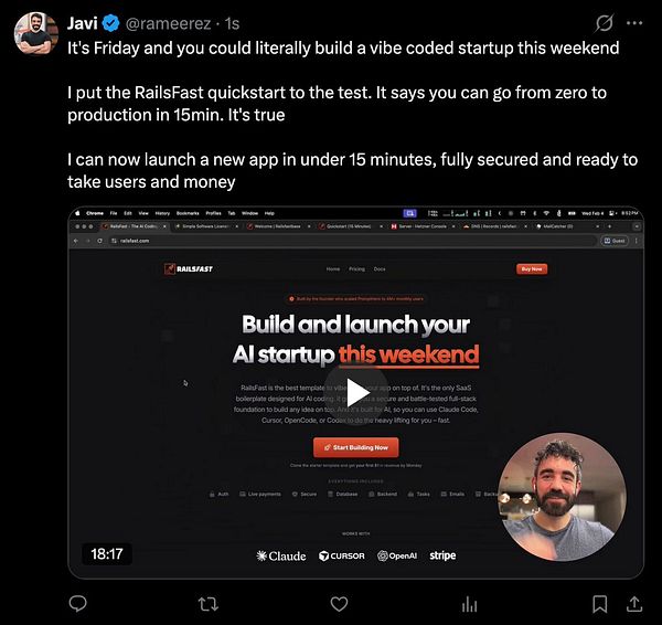Screenshot of a Rails Fast demo video showing a web application interface with a reward information page and user profile section.