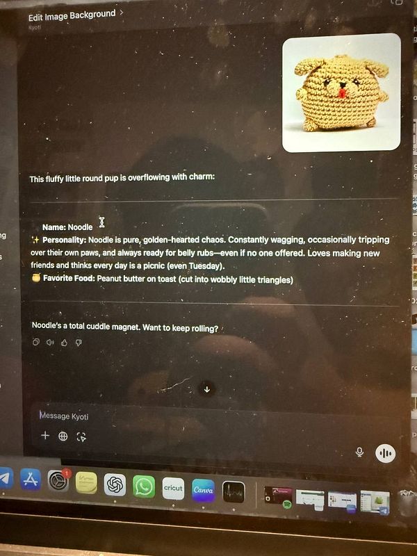 A digital profile for a fictional pet named Noodle, featuring a crocheted dog image and personality details.