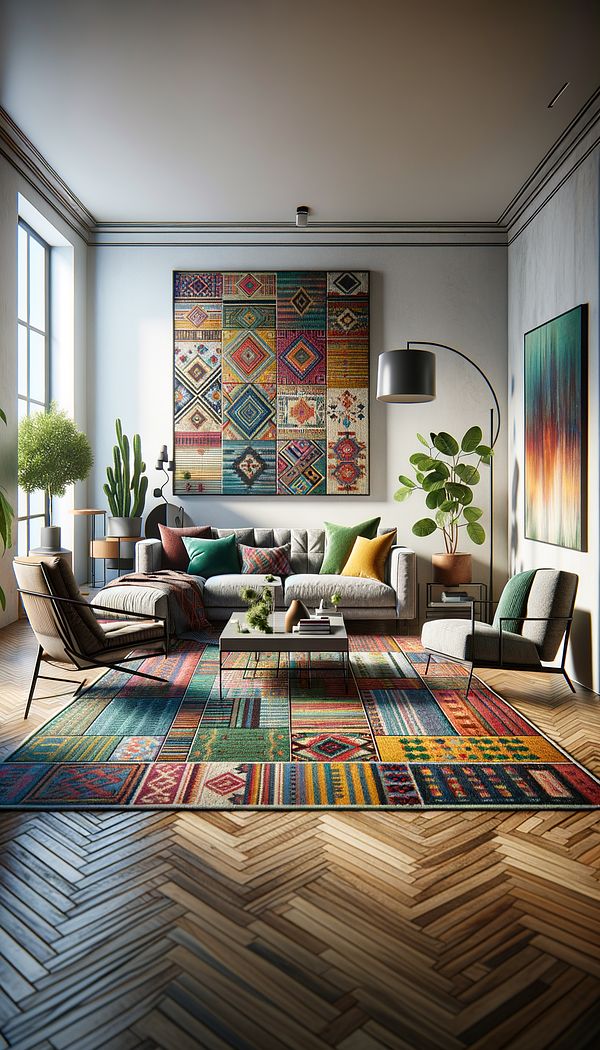 A colorful kilim rug spread out on the floor of a modern living room, with furniture and decor complementing its vibrant patterns and colors.
