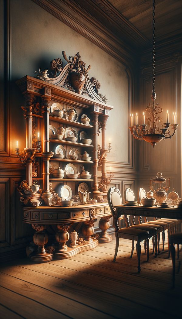 An elegant, rustic vasselier made of wood, placed in a warmly lit dining room, with dishes and decorative items displayed on its shelves.