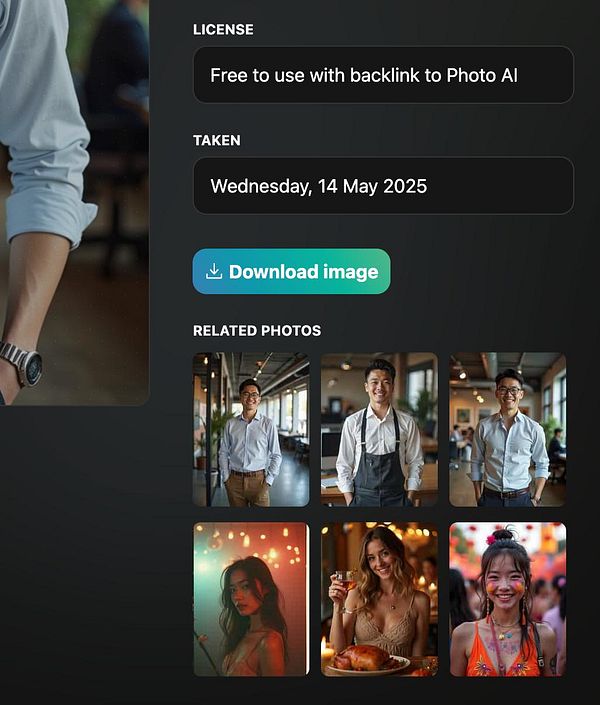 The image displays a photo management interface featuring a main image, licensing information, and related photos.