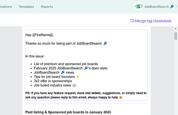 The image displays a newsletter draft for JobBoardSearch, outlining key topics and updates.