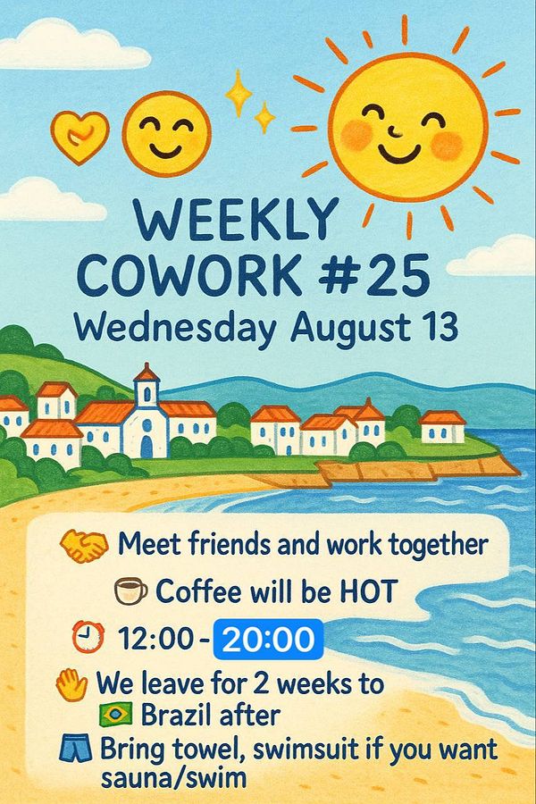 A colorful announcement for a weekly coworking event at a beach location.