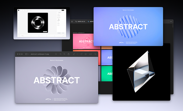 The image features a collection of abstract designs displayed on various digital interfaces.