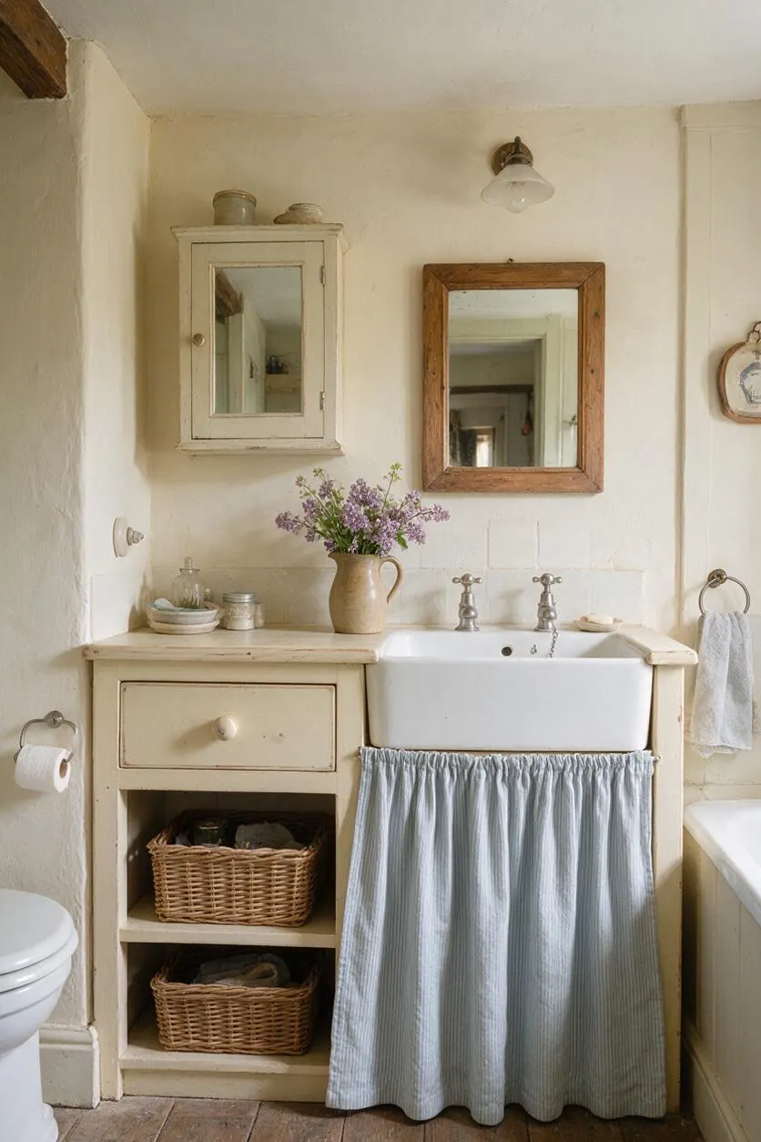 A cozy cottagecore master bathroom with cream-painted walls, a wood-framed mirror, and a compact vanity topped by a white apron-front sink. Wicker baskets, a striped fabric sink skirt, vintage-style faucets, and a vase of purple flowers add a warm, rustic feel.