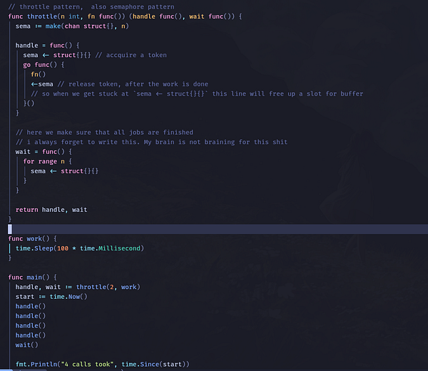 The image displays a code snippet in Go programming language focused on concurrency and throttling.