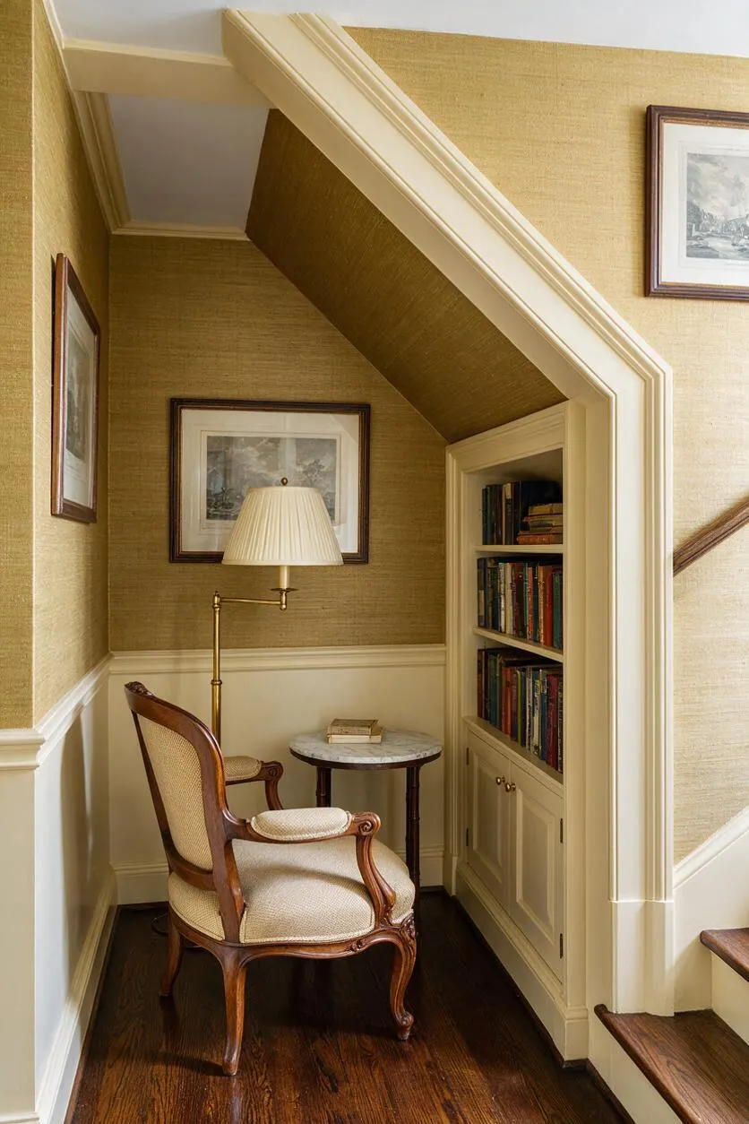 A cozy traditional basement nook with a carved wood armchair, a small round marble-topped table, and a brass floor lamp beside a built-in bookshelf filled with books. The space features warm beige textured wallpaper, cream trim, dark wood flooring, and framed artwork, tucked beneath a sloped ceiling near a staircase.