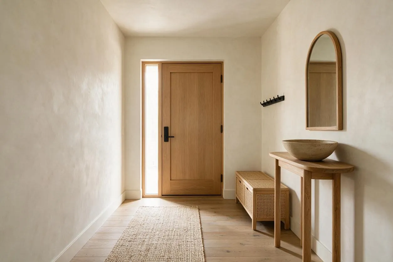 A serene entryway with a light wood front door, pale plaster walls, and wide plank wood flooring. A woven bench, arched mirror, stone vessel sink on a slim wood console, and a small rug add natural texture and warmth.
