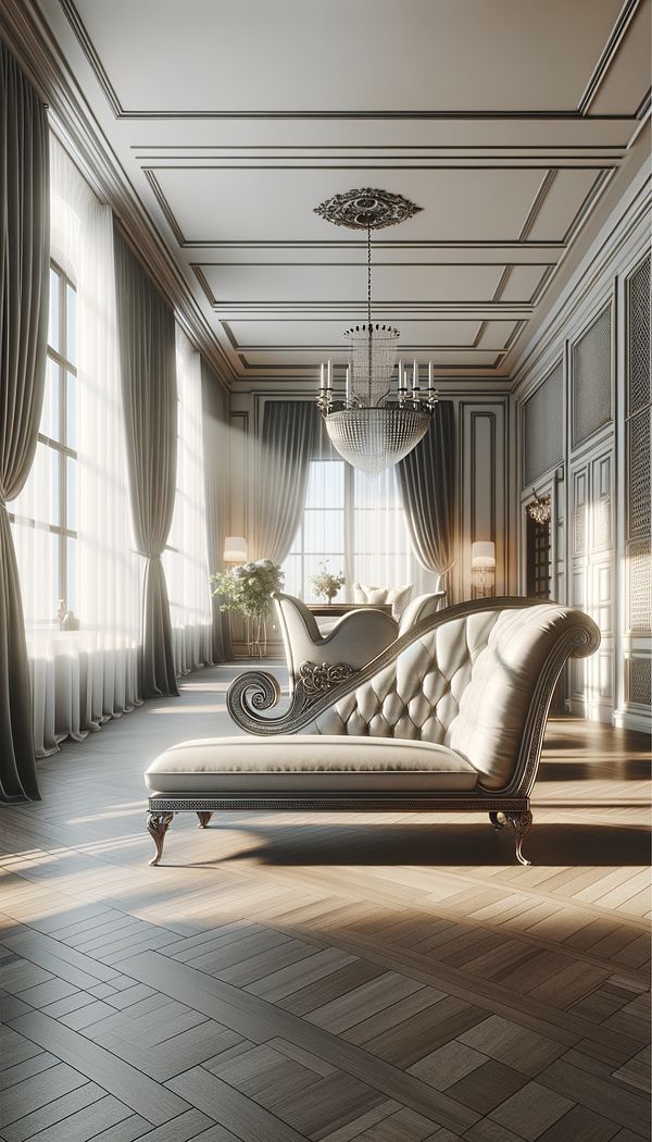 An elegant living room featuring a stylish chaise longue as the centerpiece, positioned by a large window with soft, natural light illuminating the space.