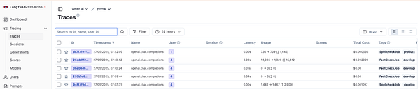 The image displays a user interface for Langfuse, showing traces of LLM usage with various metrics.