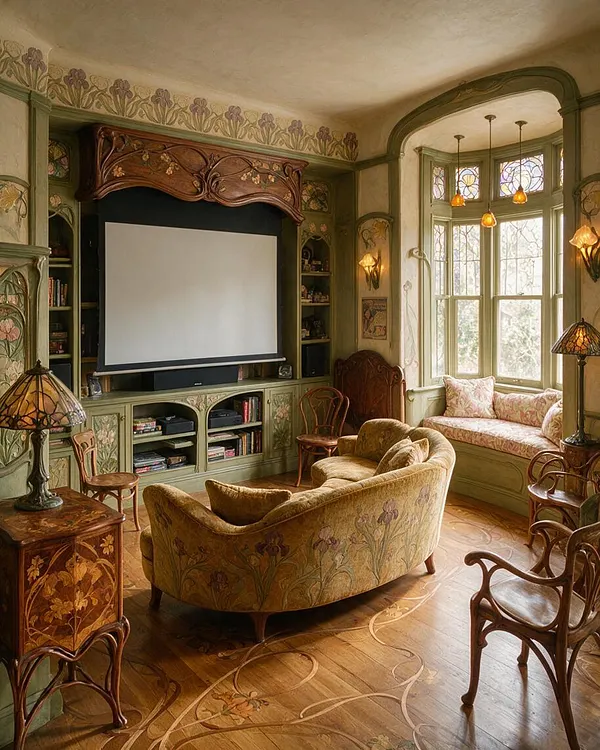 A richly decorated Art Nouveau media room with a built-in projector screen framed by carved wood, painted floral wall details, and stained-glass windows. A curved velvet sofa, bentwood-style chairs, and warm amber lamps create an elegant vintage atmosphere.