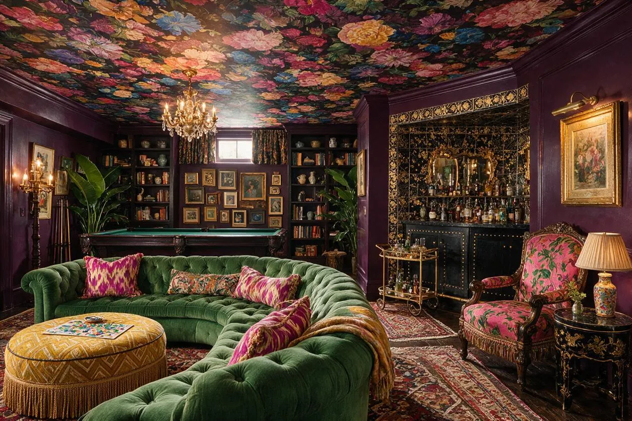 A richly decorated game room with a deep purple room, a multicolor floral ceiling, and a green velvet sectional surrounding a round ottoman. The space includes a pool table at the back, built-in bookshelves, framed artwork, a mirrored bar with gold accents, and pink floral accent chairs, all lit by a crystal chandelier and warm lamps.