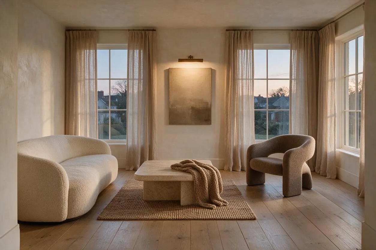 A sunroom with large windows on three sides, sheer beige curtains, and warm natural light. The space includes a curved cream sofa, a sculptural brown lounge chair, a low stone coffee table on a woven rug, and a minimalist wall artwork above the table.