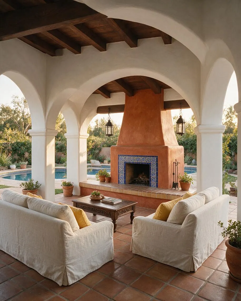 A covered Mediterranean-style backyard patio with white stucco arches, exposed dark wood beams, and terracotta tile flooring. Two cream slipcovered sofas face a carved wood coffee table in front of a large adobe fireplace with blue tile detail, with a swimming pool and lush garden visible beyond.