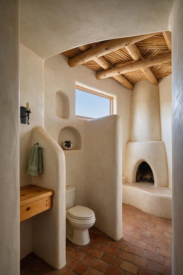 A Southwestern-style master bathroom with smooth adobe-like plaster walls, a terracotta tile floor, and a ceiling of exposed wooden beams and reed matting. The room includes a small toilet alcove, a built-in wood vanity ledge, black iron wall fixtures, and a kiva-style fireplace alcove near a narrow window.
