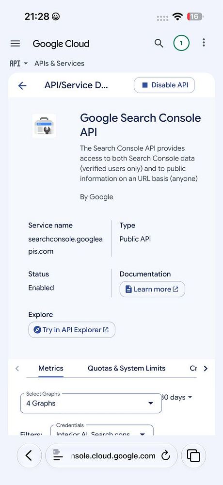 Screenshot of the Google Cloud Console API & Services page showing the Google Search Console API details.