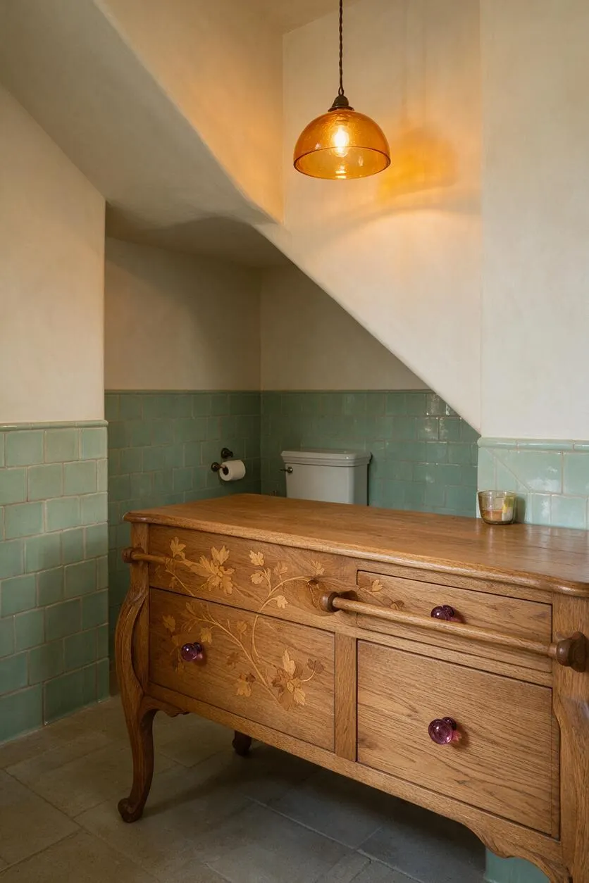 A compact powder room under a sloped ceiling features mint-green wall tiles, cream plaster walls, and a warm amber pendant light. A carved oak vanity with floral inlay and purple glass knobs anchors the space, while a white toilet and small glass candle add simple functional details.