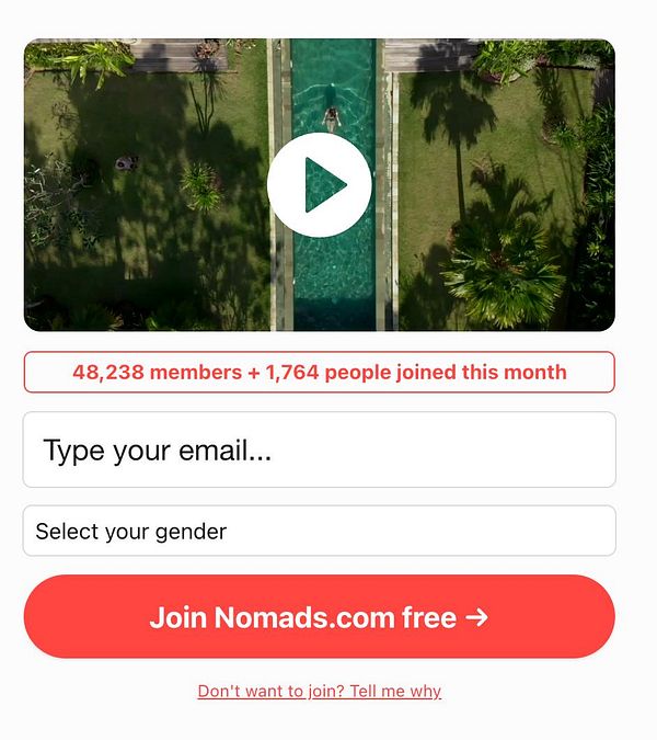 A signup section for Nomads.com with an aerial video thumbnail, member statistics, email and gender input fields, and a red join button.