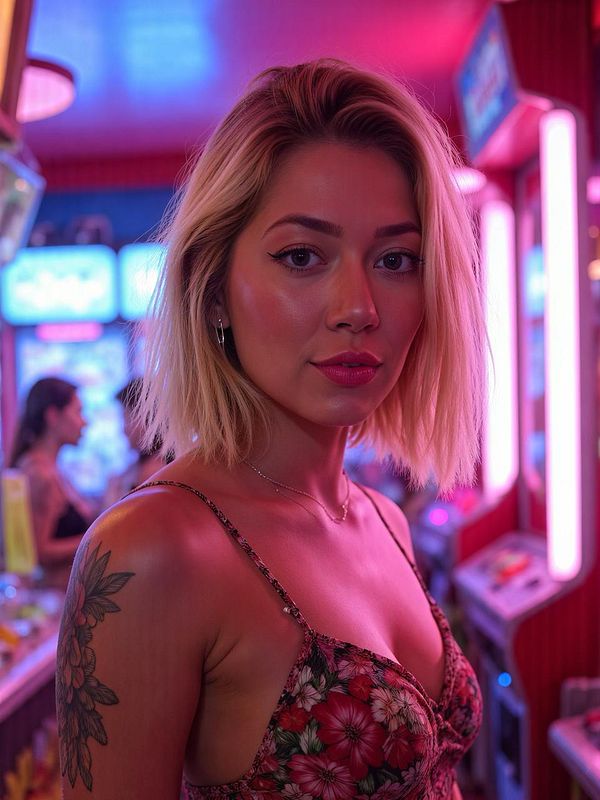 A young woman with blonde hair poses in a vibrant arcade setting.