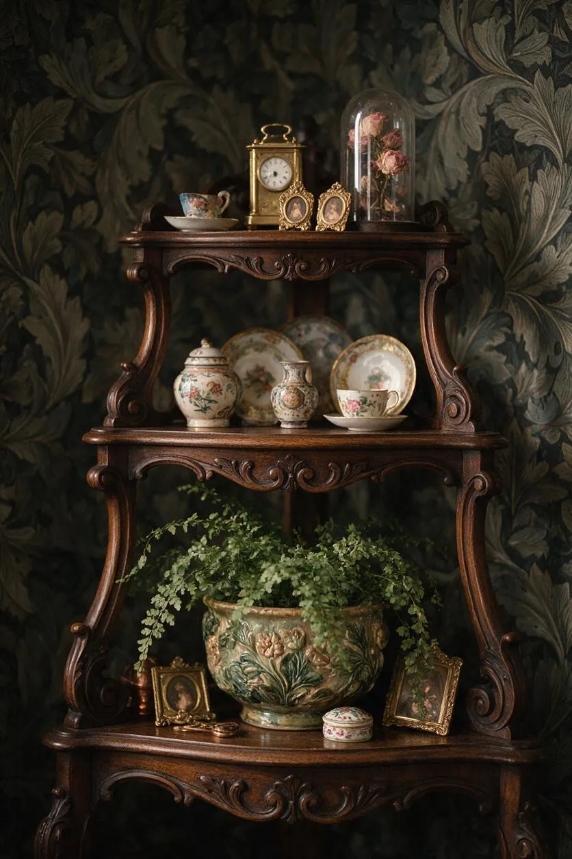 A dark carved wooden Victorian étagère stands against leaf-patterned wallpaper, styled with a brass clock, framed mini portraits, floral teacups and plates, a glass cloche of dried roses, and a large botanical planter with trailing greenery. The arrangement feels layered, romantic, and antique.