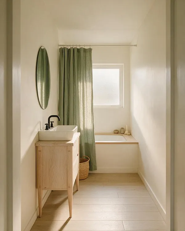 A narrow Scandinavian-style master bathroom with white walls, pale wood flooring, and a light oak vanity topped with a white vessel sink and matte black faucet. A sage green curtain hangs beside a small frosted window above a built-in tub, with an oval mirror and woven basket adding soft natural texture.