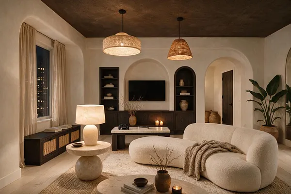 A warm organic modern game room with a curved cream sectional, textured rugs, and a stone pedestal side table. The room features arched wall niches, a low media cabinet, woven pendant lights, soft drapery, and earthy decor accents in beige, brown, and black.