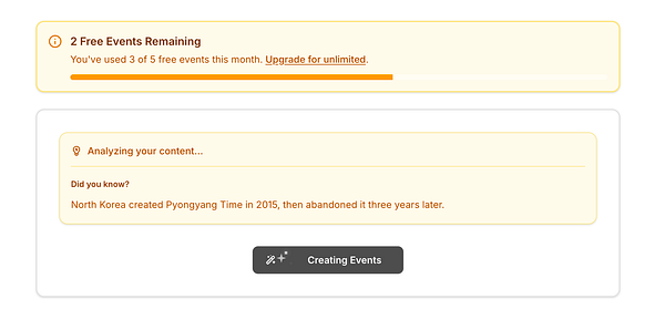 The image displays a user interface for managing event creation with a usage tracker and an informational message.