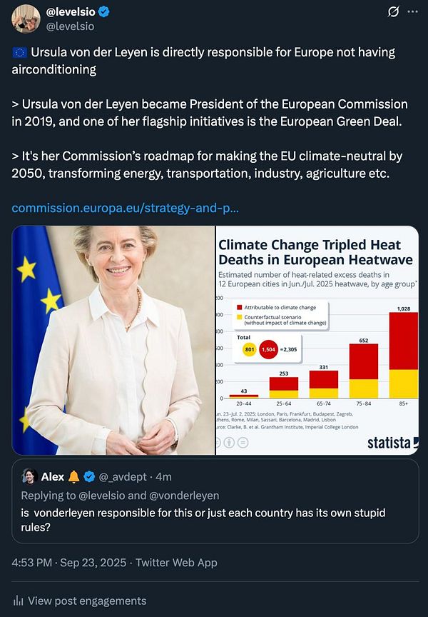 The image features a tweet discussing Ursula von der Leyen's responsibility for climate-related deaths in Europe, accompanied by a chart illustrating heat-related excess deaths in various European cities.