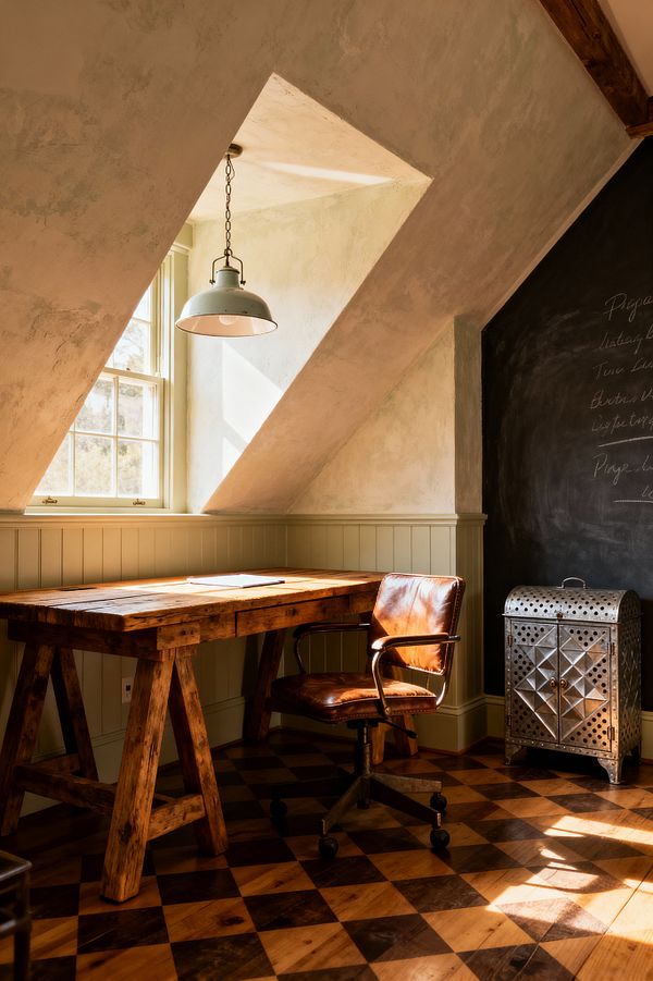 A small attic-style home office with a dormer window casts sunlight on a chunky reclaimed-wood trestle desk and a vintage brown leather swivel chair on casters. Sage-green beadboard wainscoting and trim wrap the nook beneath a textured plaster slope; an enamel farmhouse pendant hangs by a chain. To the right, a matte black chalkboard wall and a galvanized punched-metal cabinet sit over a checkerboard hardwood floor with light and dark squares.
