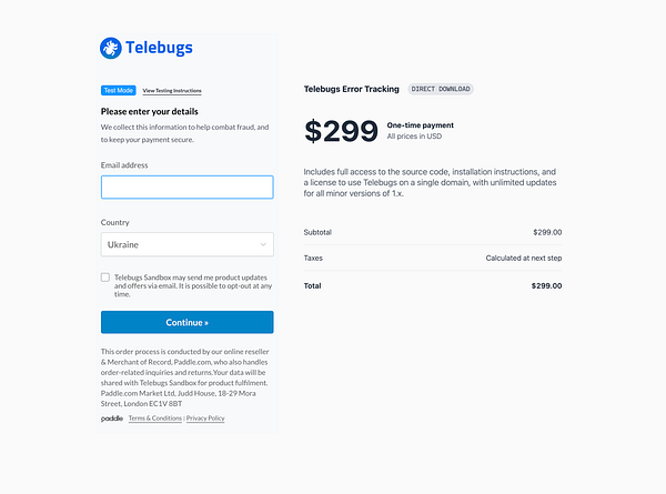 The image displays a checkout page for Telebugs, featuring a form for user details and a payment summary.