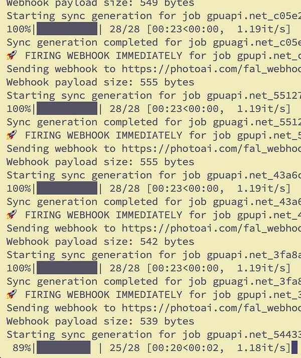 The image displays a terminal output showing the progress of multiple webhook sync generation jobs.