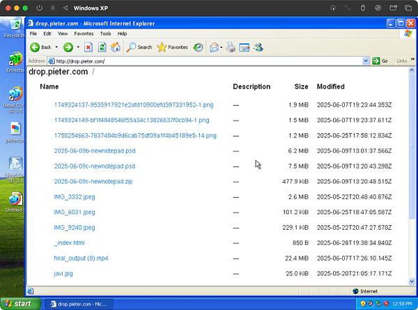The image displays a file directory from the website drop.pieter.com accessed through Internet Explorer on a Windows XP interface.
