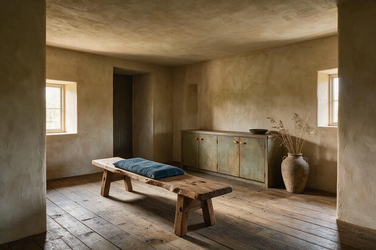 A serene entryway with plaster walls, a worn wooden floor, and a simple rustic bench topped with a blue cushion. A low cabinet with aged metal finishes sits against the wall beside a large ceramic vase with dried grasses, while small windows bring in soft natural light.