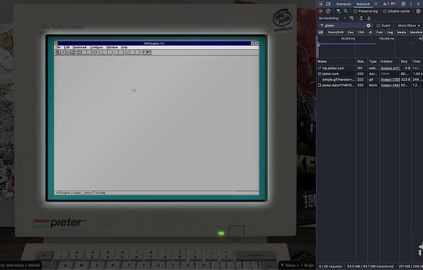 A vintage computer interface displaying a web browser with network activity logs.