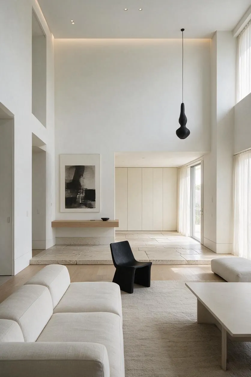 A tall minimalist entryway with white walls, a pale stone floor, and soft natural light from large windows. A floating wood console beneath framed abstract art sits against the back wall, while a sculptural black pendant hangs from the high ceiling above the open, airy space.