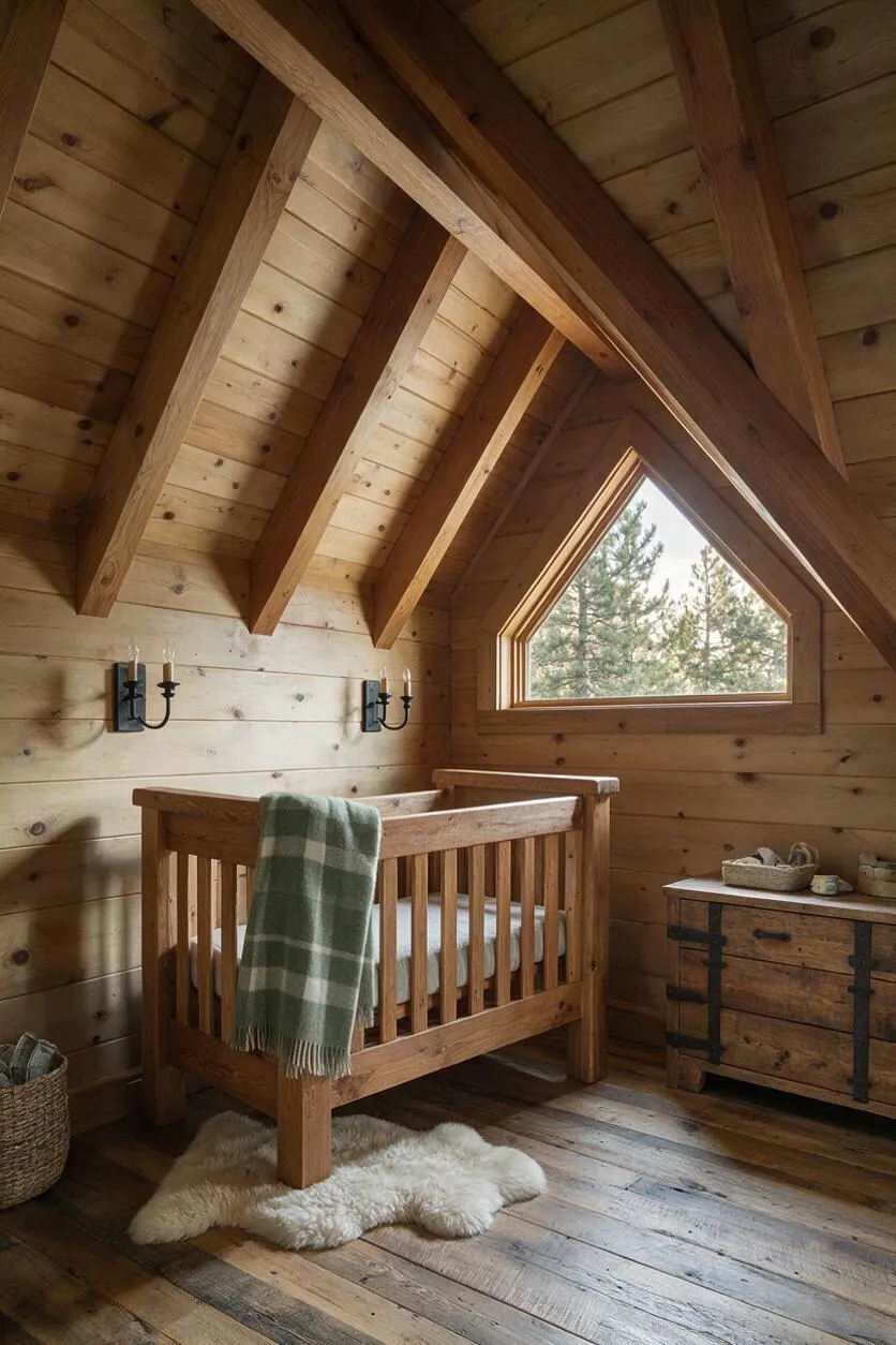 A rustic nursery with a wooden crib centered under a vaulted ceiling of exposed beams and pine planks. The room features a small angular window with forest views, black wall sconces, a weathered wood storage chest, and a soft sheepskin rug on wide plank wood floors.