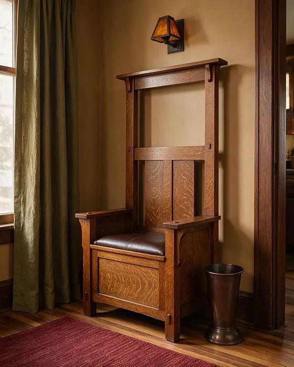 A Craftsman-style mudroom corner features a tall wooden chair with a leather seat and paneled back, set against a warm tan wall. Olive green curtains frame a sunlit window on the left, while a copper-colored waste bin and hardwood floor complete the cozy, handcrafted look.