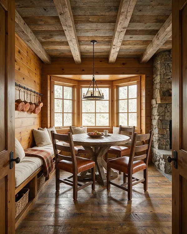 A rustic sunroom with a round wooden dining table and four leather-upholstered chairs centered in front of a bay window. The room features reclaimed wood beams, knotty wood walls, a stone fireplace, a built-in bench with cushions, and hanging copper pans for a warm cabin-like feel.
