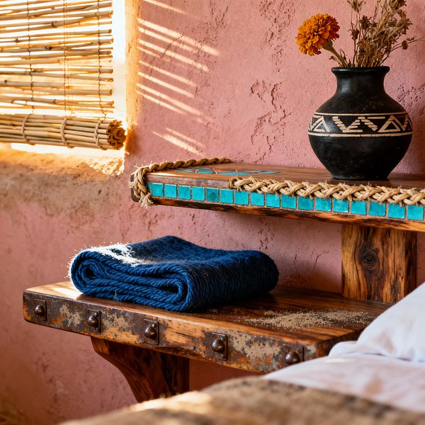 A sunlit Southwestern bedroom vignette shows a rustic reclaimed-wood bench and wall shelf against a dusty pink plaster wall, with bamboo blinds casting striped shadows. The shelf is edged with braided sisal and a row of turquoise tiles, while a matte black clay vase with a geometric band holds dried flowers; a folded navy wool throw rests on the bench and a corner of white bedding is visible, emphasizing warm, handcrafted textures and an earthy palette.