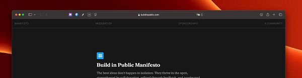 A screenshot of a website titled 'Build in Public Manifesto' displayed in a dark mode browser interface.