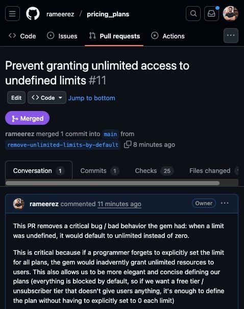 The image displays a GitHub pull request discussing a critical bug fix in the pricing_plan gem.